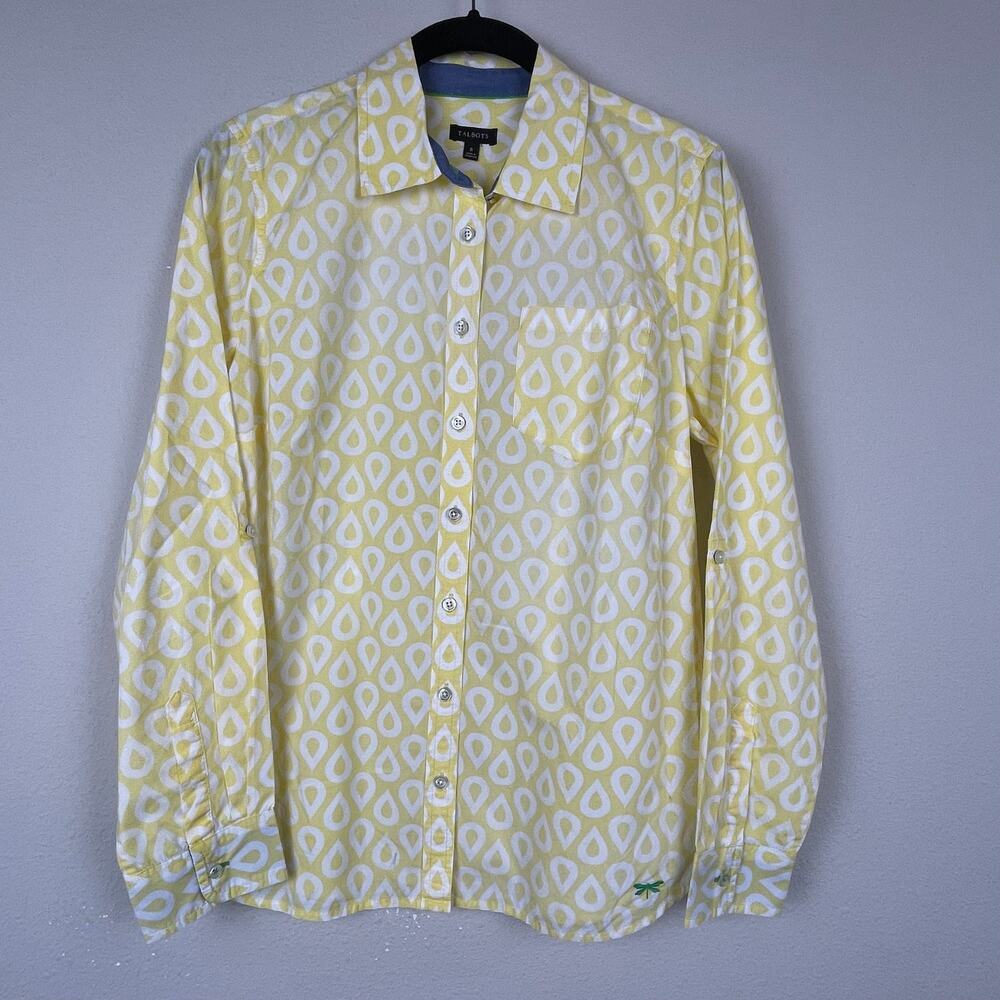 Talbots Women's Size 6 Yellow Batik Geometric Button-Up Shirt Roll Tab Sleeves‎